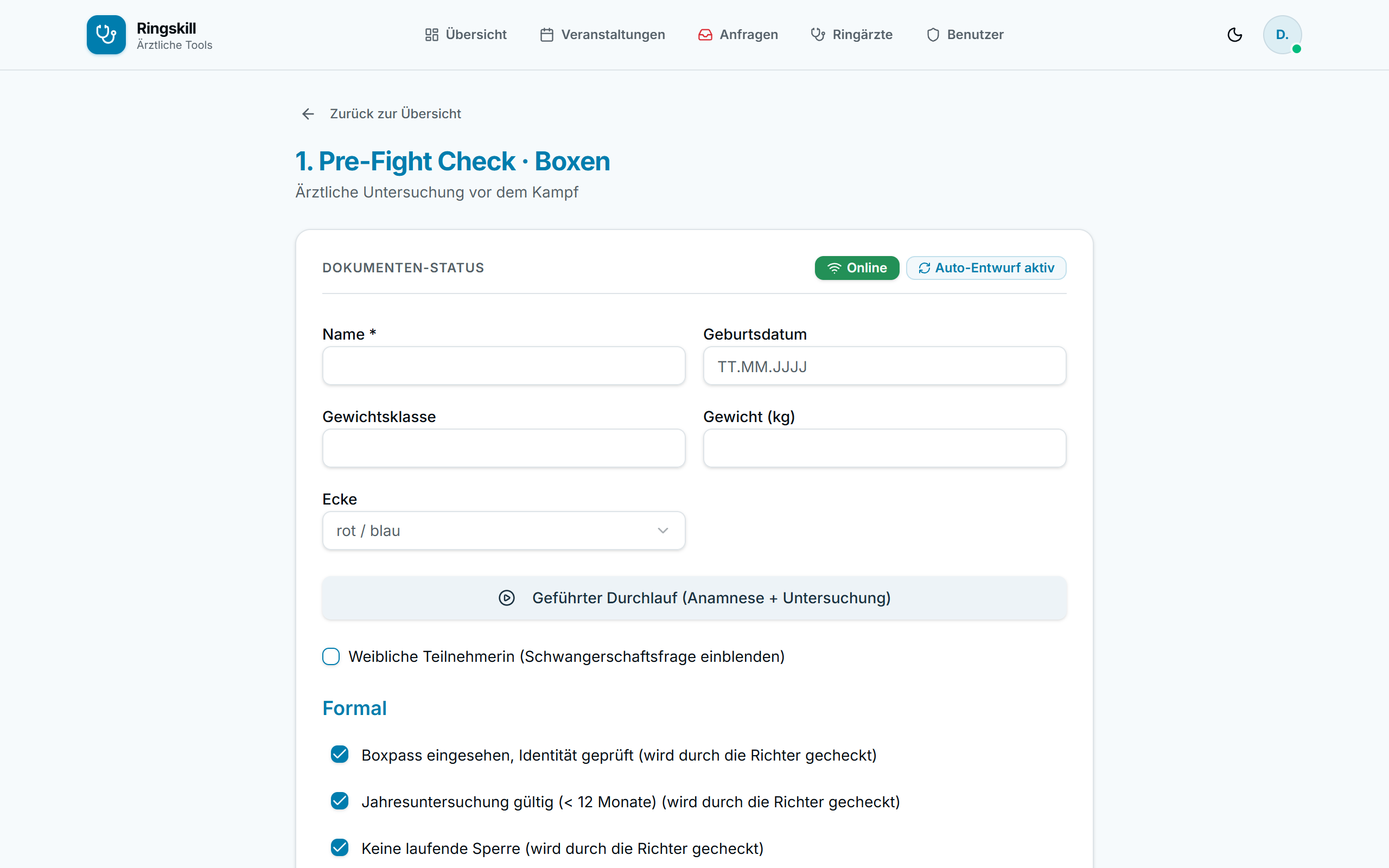 Prächeck-Formular mit Untersuchungsbefund und Unterschrift
